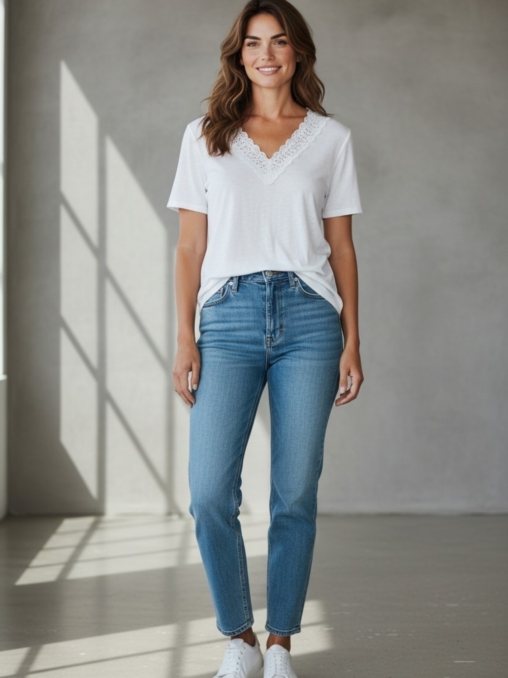 Talbots White Lace-Trim V-Neck Women's Top